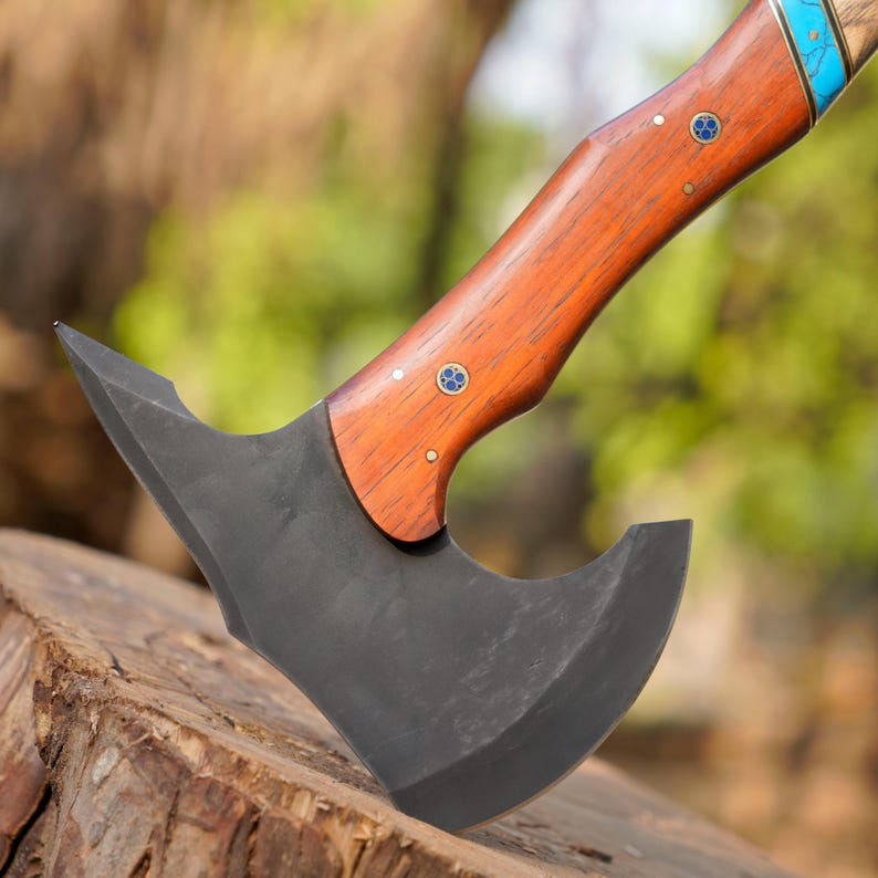 Handcrafted 1095 Steel Camping Hatchet with Ash & Paddock Wood Handle | Bushcraft Axe with Leather Sheath