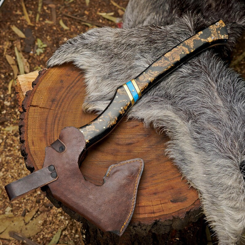 Handcrafted Camping Hatchet Axe with Resin & Turquoise Handle | 1095 High Carbon Steel Hunting Axe with Leather Sheath