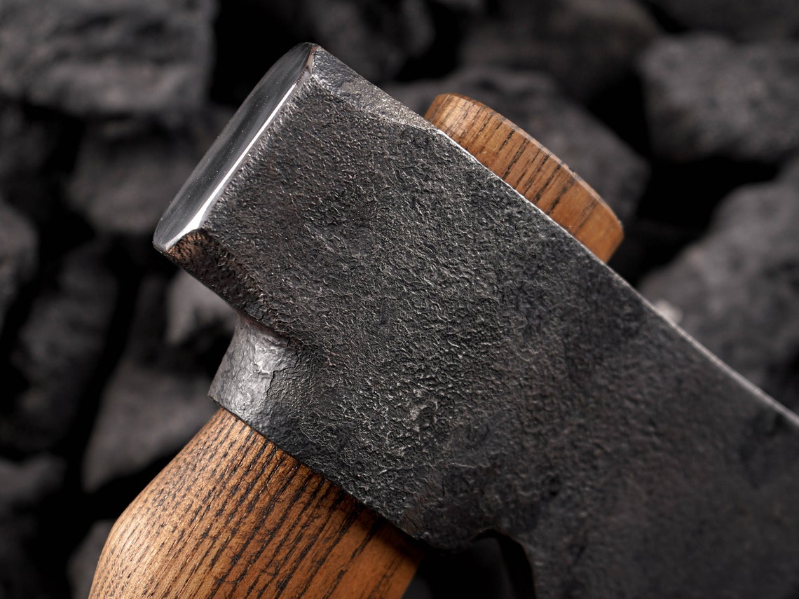 Hand Forged Bushcraft Axe with Hammer Poll – Mid-Length Camping Hatchet with Leather Sheath