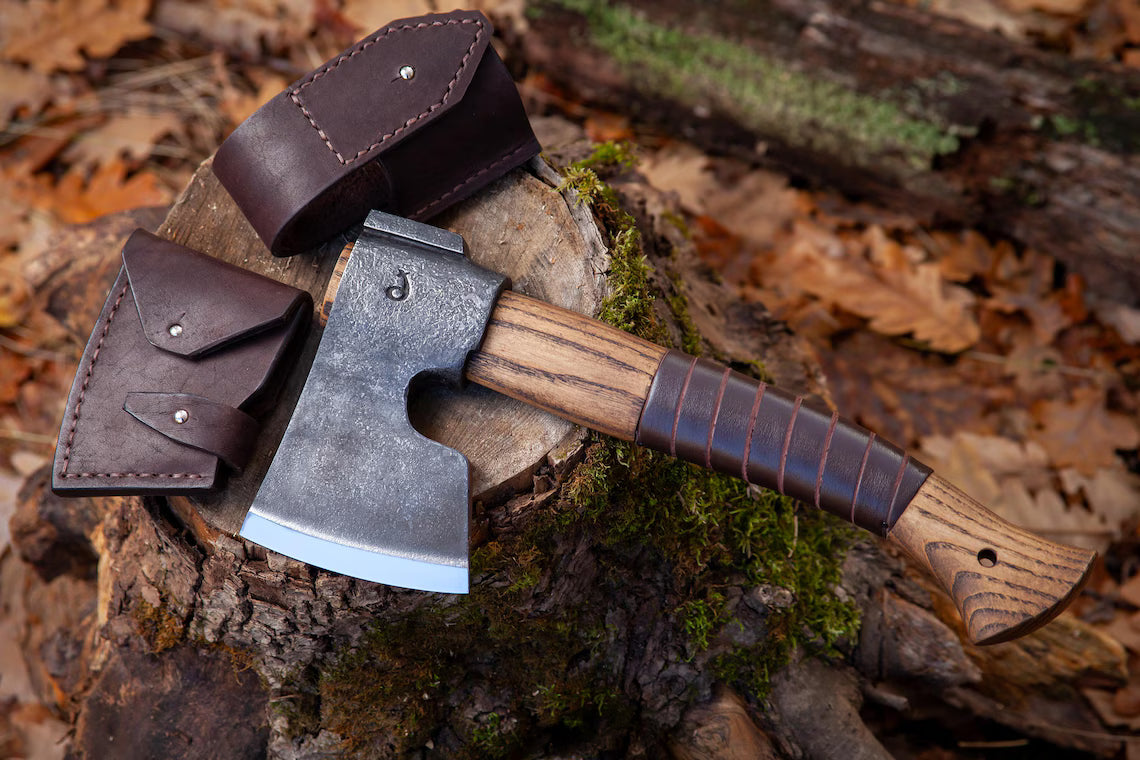 Hand Forged Finnish Bearded Axe – Compact Scandinavian Camping Hatchet with Leather Sheath