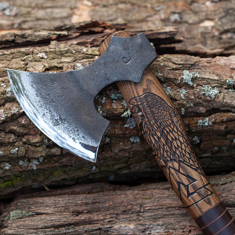Odin Baltic Hand-Forged Axe – 18.5" Carved Ash Wood Camping Hatchet with Leather Sheath