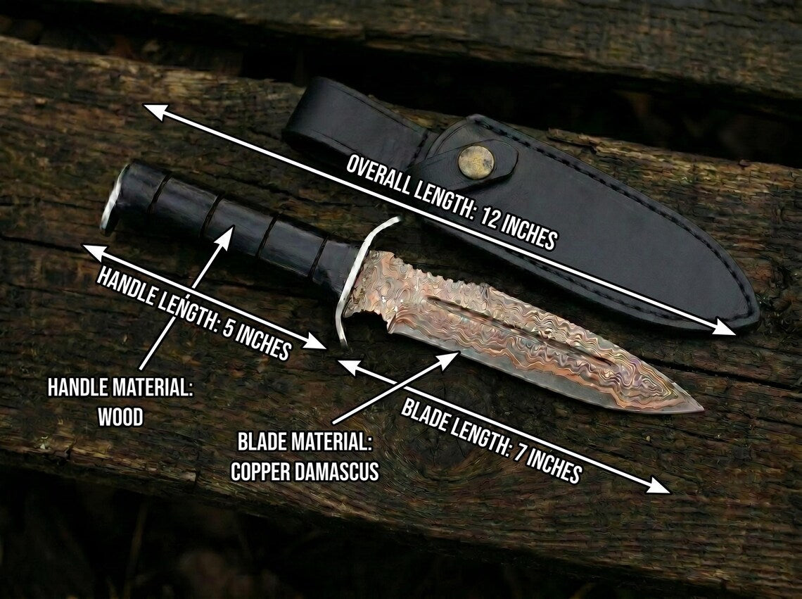 Hand Forged Copper Damascus Hunting Knife with Wooden Handle & Leather Sheath – Handmade Fixed Blade Outdoor Knife