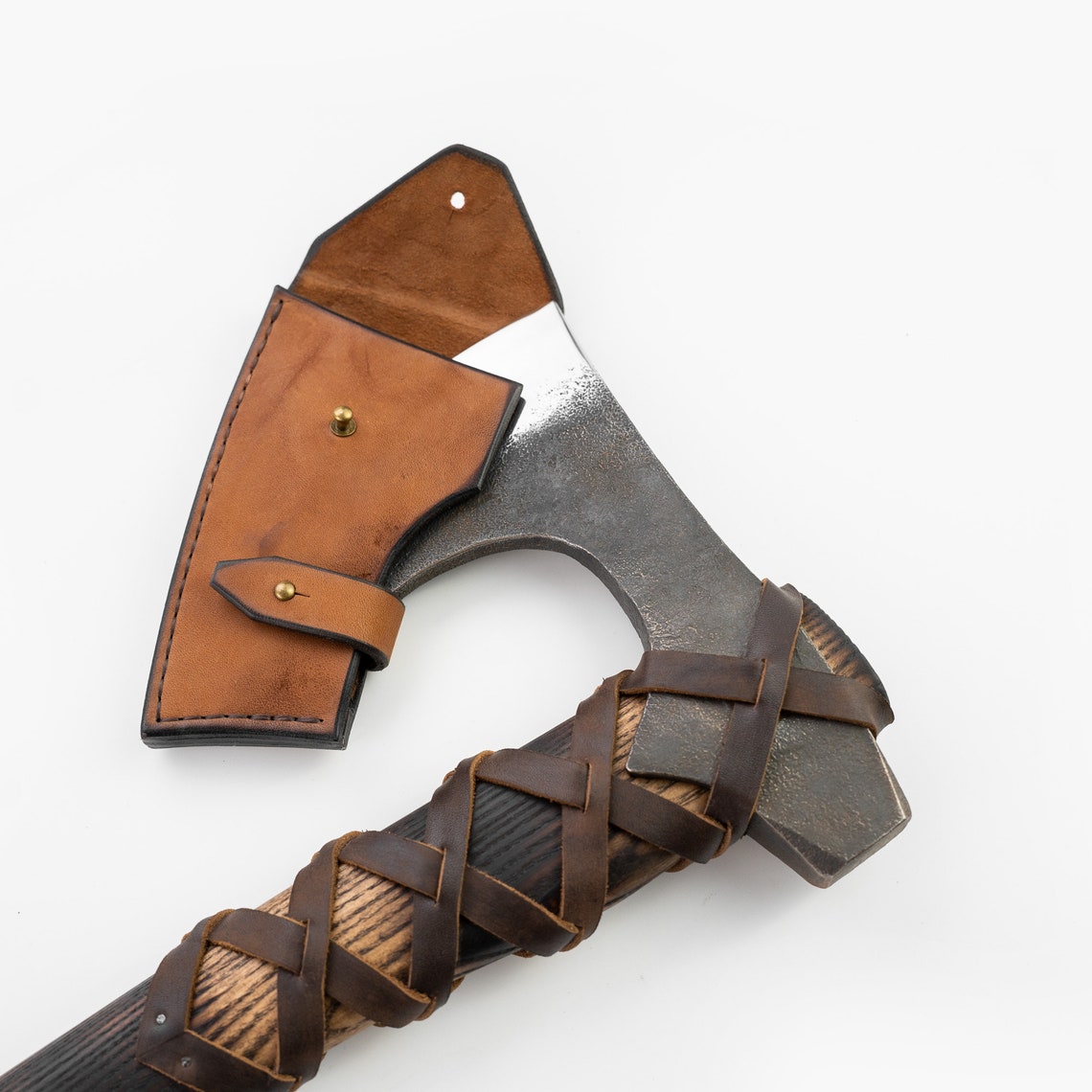 Hand Forged Viking Bearded Axe with Hammer Poll – 27.5" Bushcraft Camping Axe with Leather Wrapped Handle & Sheath