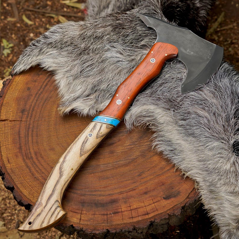 Handcrafted 1095 Steel Camping Hatchet with Ash & Paddock Wood Handle | Bushcraft Axe with Leather Sheath
