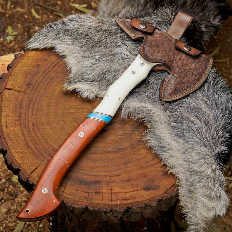 Handmade 1095 High Carbon Steel Camping Hatchet | Paddock Wood Handle Bushcraft Axe with Leather Sheath
