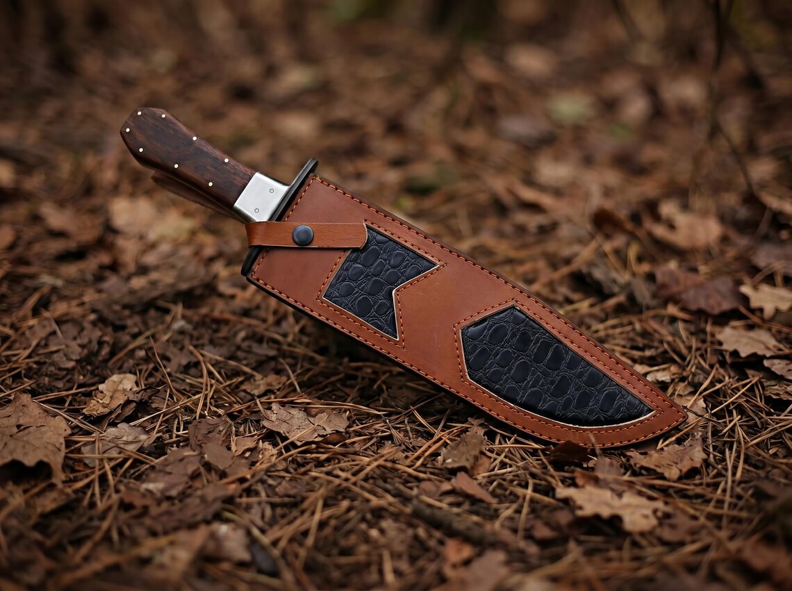 Knife sheath with leather and metal blade on a forest floor background