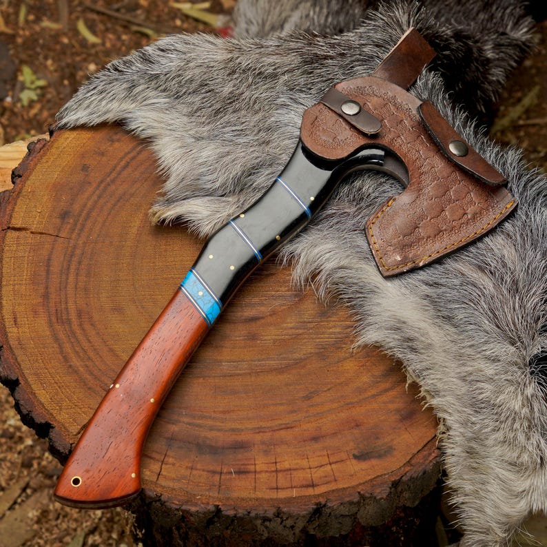 Handcrafted 1095 High Carbon Steel Camping Axe with Turquoise & Paddock Wood Handle | Premium Bushcraft Hatchet