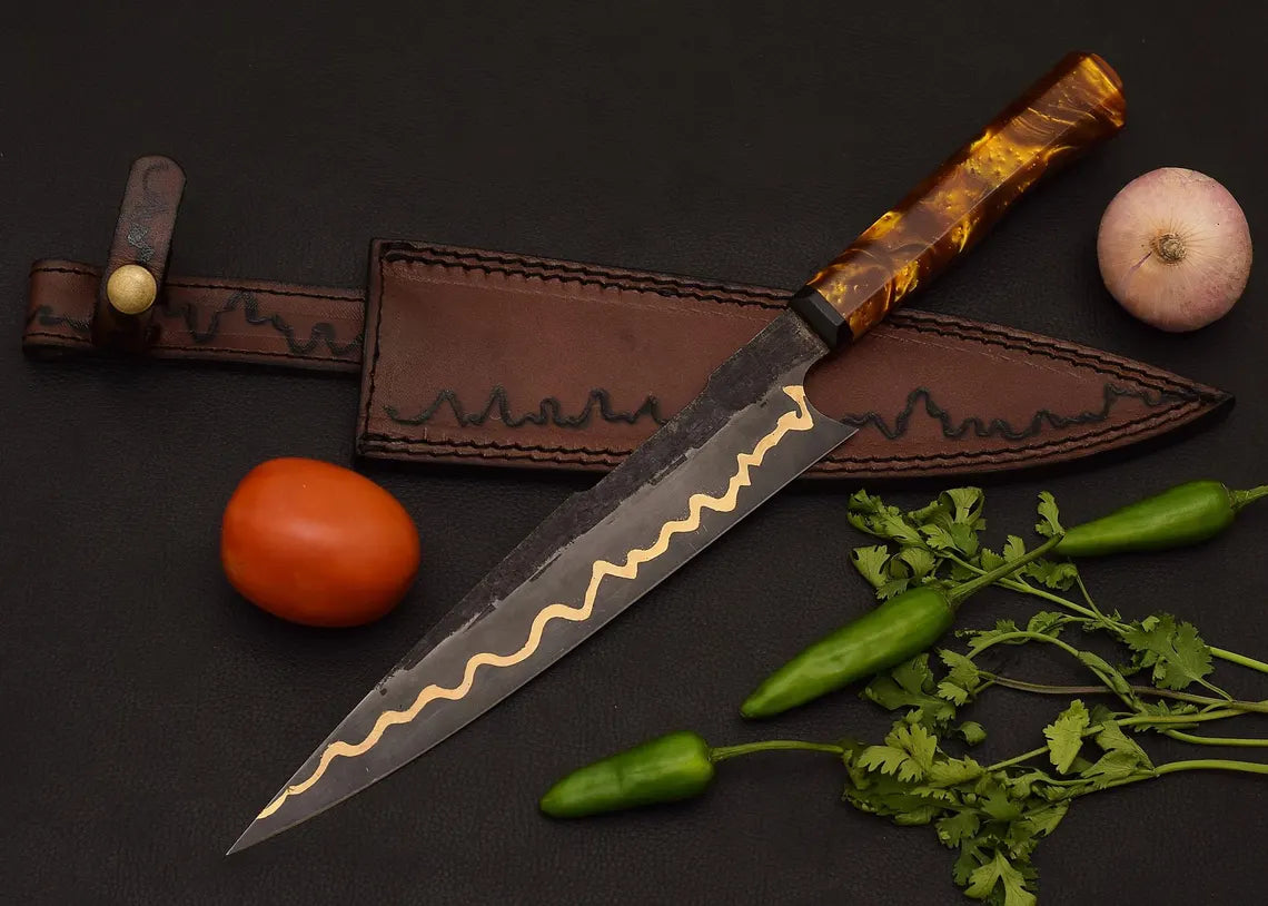 Handmade Copper Damascus Chef Knife 14" | Amber Resin Handle Kitchen Knife with Leather Sheath