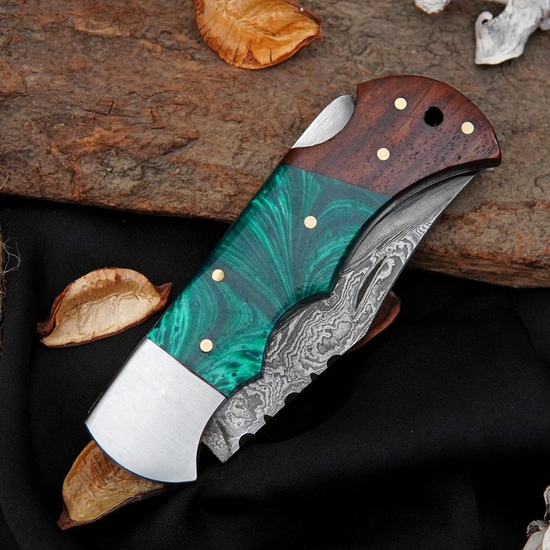 Double White Line Damascus Folding Knife with Green Resin & Rosewood Handle | Handmade EDC Pocket Knife