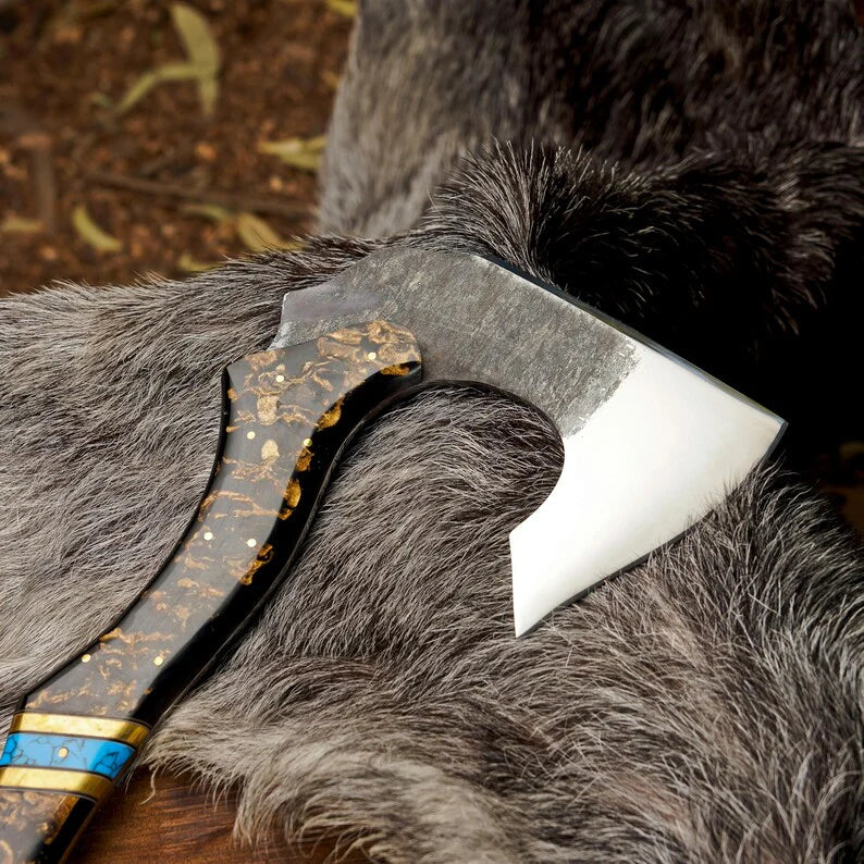 Handcrafted Camping Hatchet Axe with Resin & Turquoise Handle | 1095 High Carbon Steel Hunting Axe with Leather Sheath