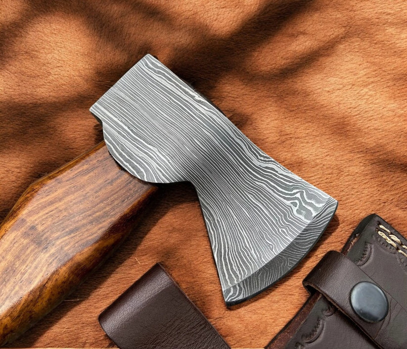Custom Handmade Twisted Damascus Steel Axe with Rosewood Handle | Compact Outdoor Hatchet with Leather Sheath