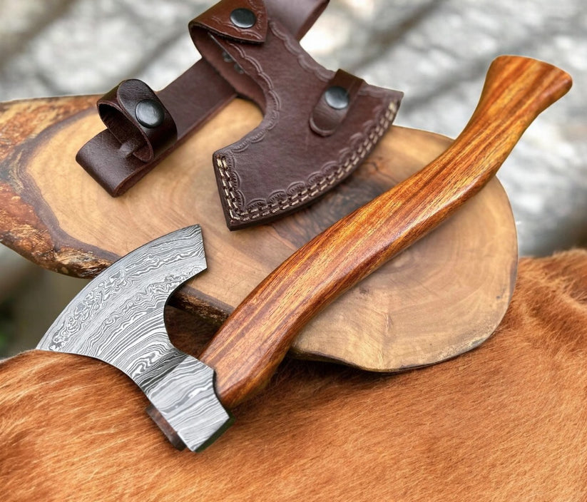 Hand Forged Damascus Steel Camping Axe with Rosewood Handle | Custom Handmade Hatchet with Leather Sheath