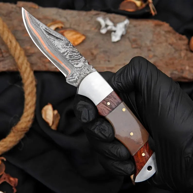 Handmade Damascus Steel Folding Knife with Ram Horn & Rosewood Handle | Premium EDC Pocket Knife