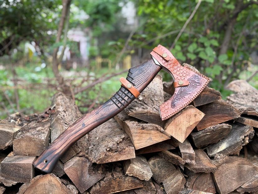 Hand-Forged Engraved Viking Axe with Rosewood Handle & Leather Sheath – 19" Norse Camping Hatchet