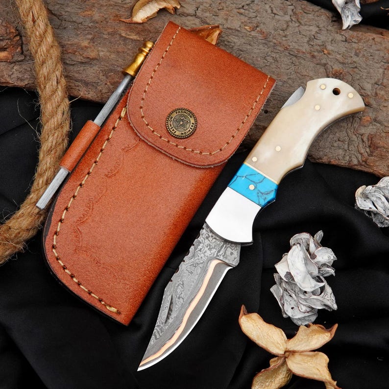 Premium San Mai Damascus Folding Knife with Turquoise & Camel Bone Handle | Copper Brass Core EDC Knife