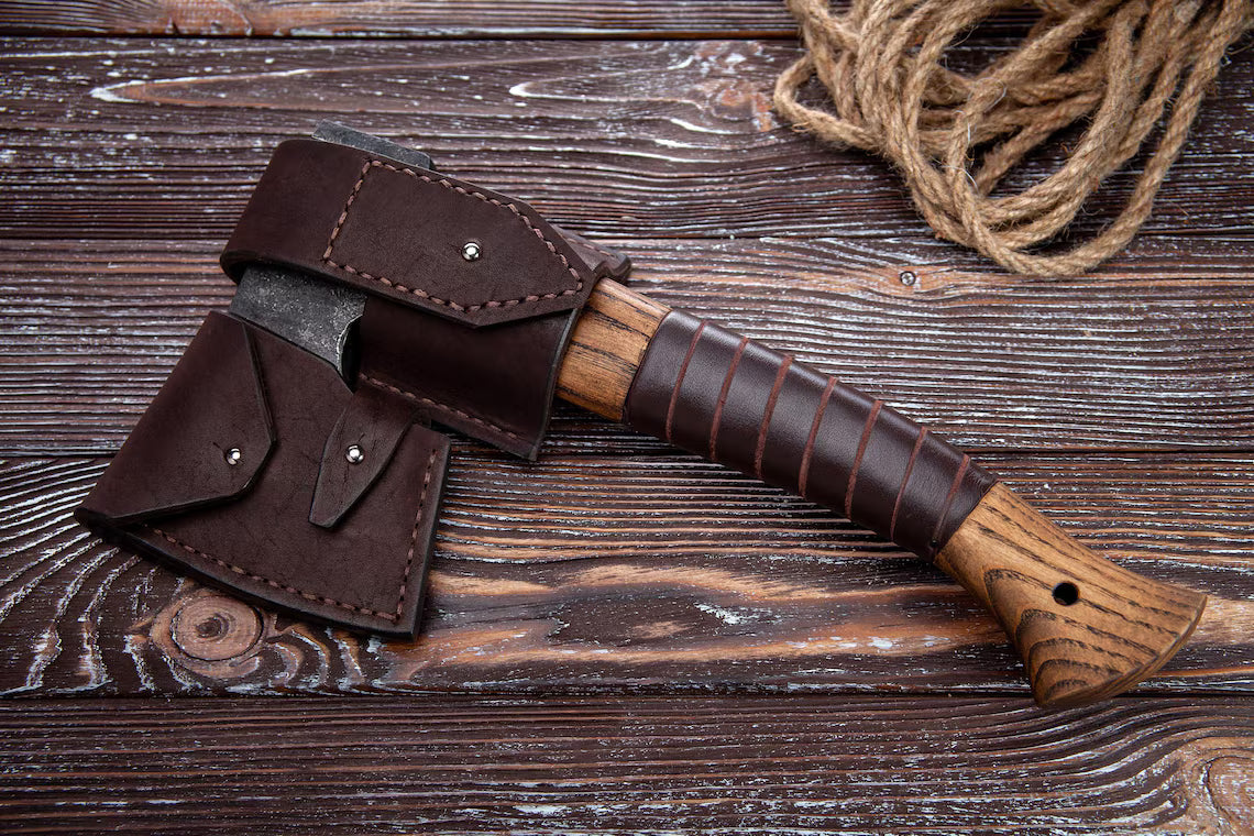 Hand Forged Finnish Bearded Axe – Compact Scandinavian Camping Hatchet with Leather Sheath