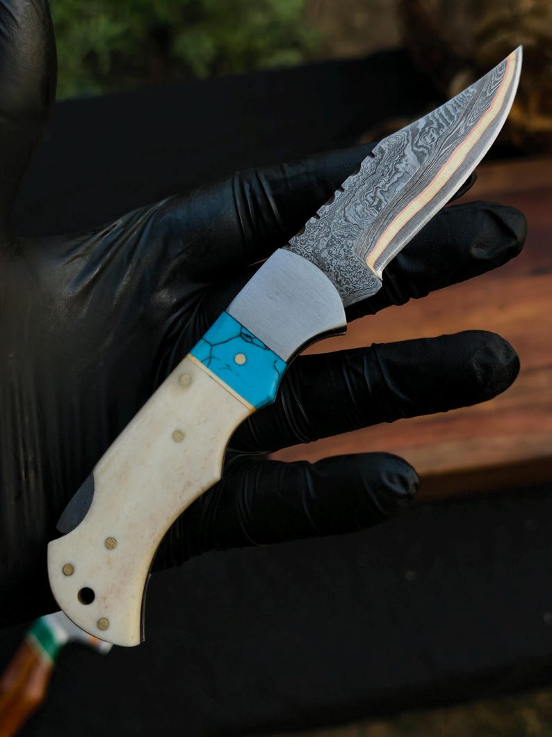 Premium San Mai Damascus Folding Knife with Turquoise & Camel Bone Handle | Copper Brass Core EDC Knife