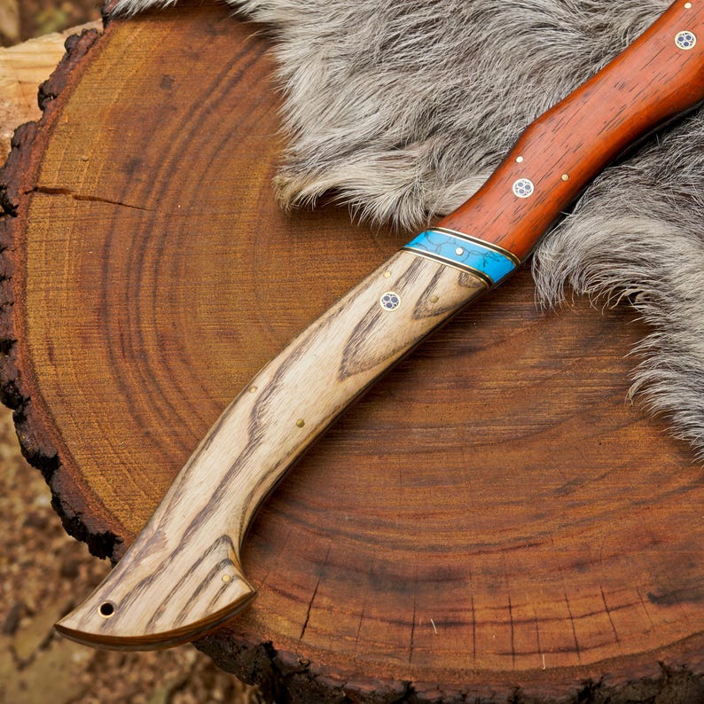 Handcrafted 1095 Steel Camping Hatchet with Ash & Paddock Wood Handle | Bushcraft Axe with Leather Sheath