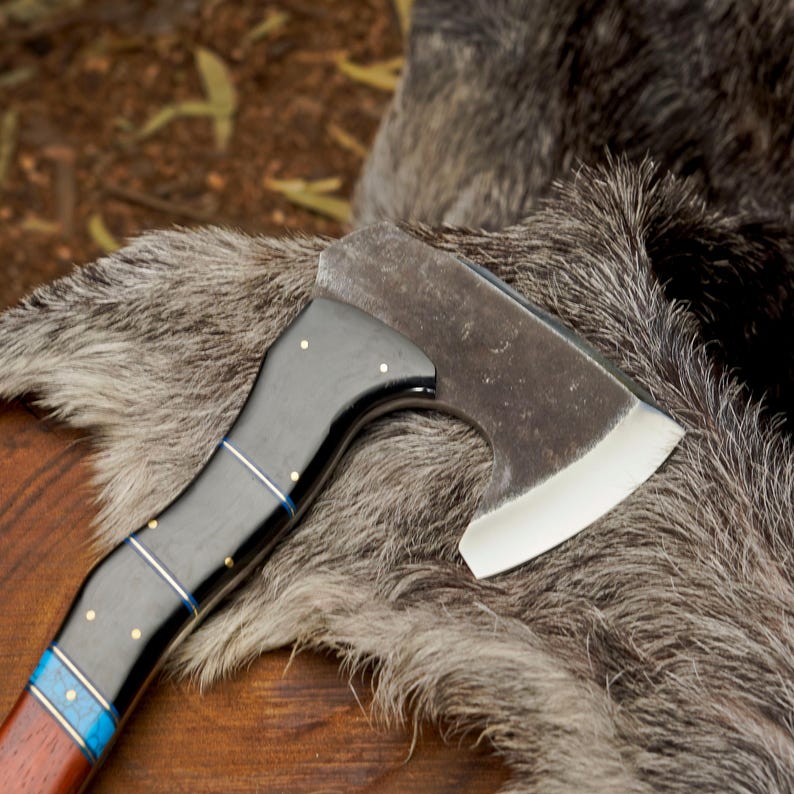 Handcrafted 1095 High Carbon Steel Camping Axe with Turquoise & Paddock Wood Handle | Premium Bushcraft Hatchet