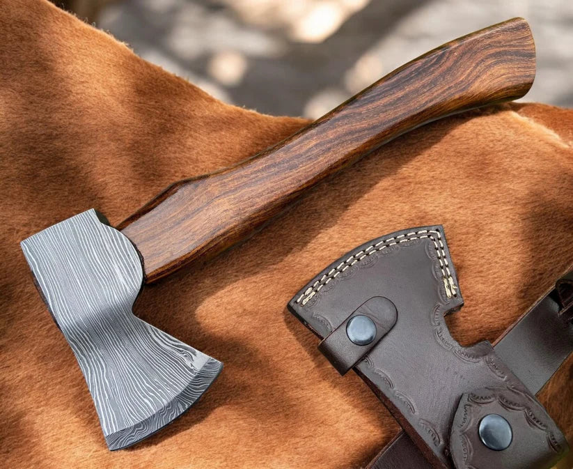 Custom Handmade Twisted Damascus Steel Axe with Rosewood Handle | Compact Outdoor Hatchet with Leather Sheath