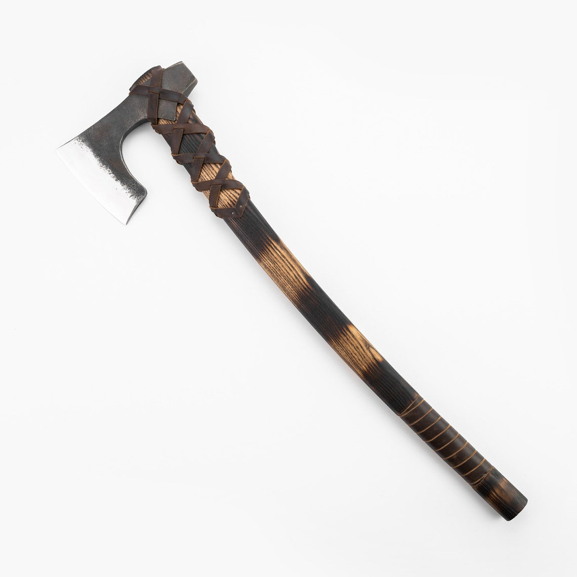 Hand Forged Viking Bearded Axe with Hammer Poll – 27.5" Bushcraft Camping Axe with Leather Wrapped Handle & Sheath