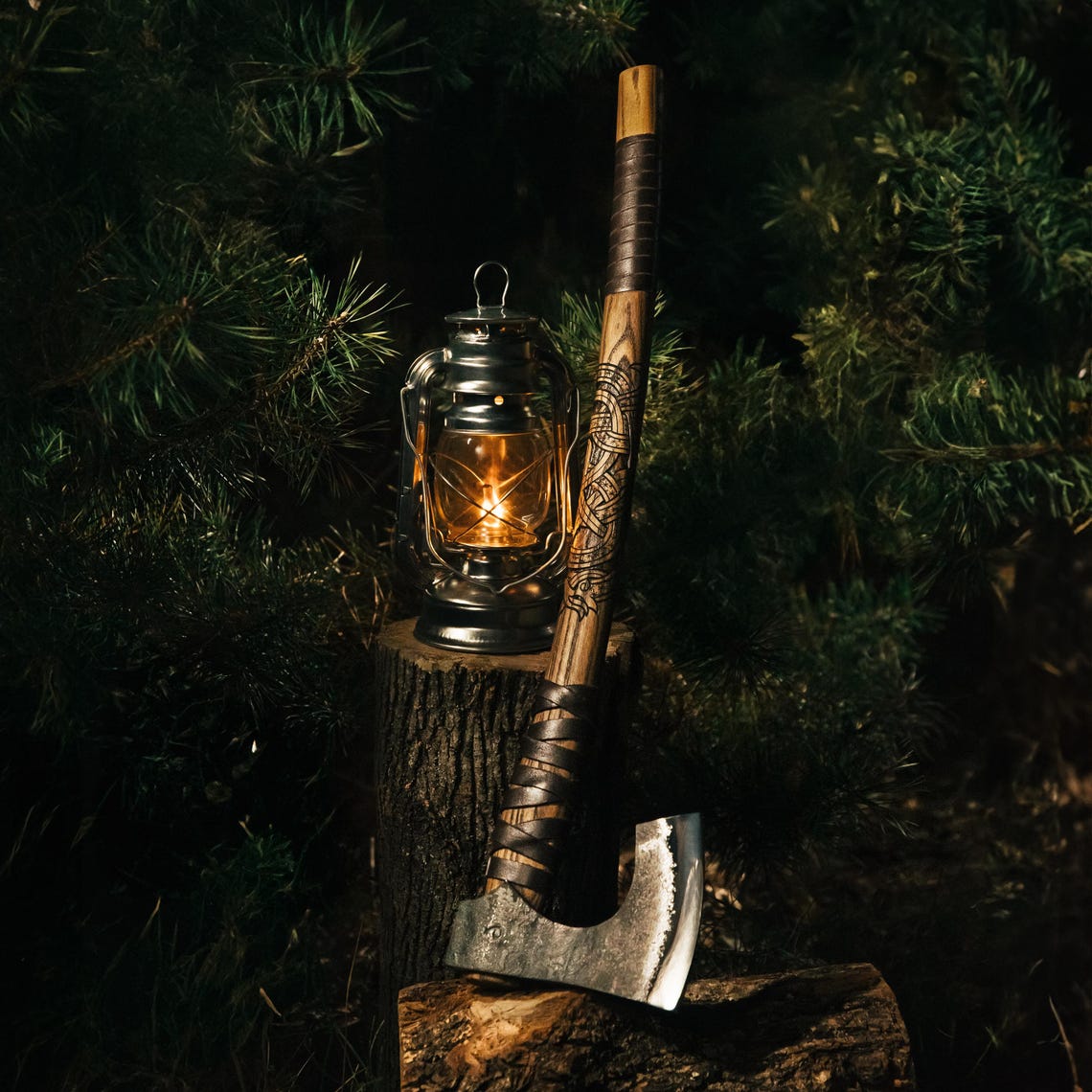 Hand Forged Viking Bearded Axe with Hammer Poll – 27.5" Bushcraft Camping Axe with Leather Wrapped Handle & Sheath