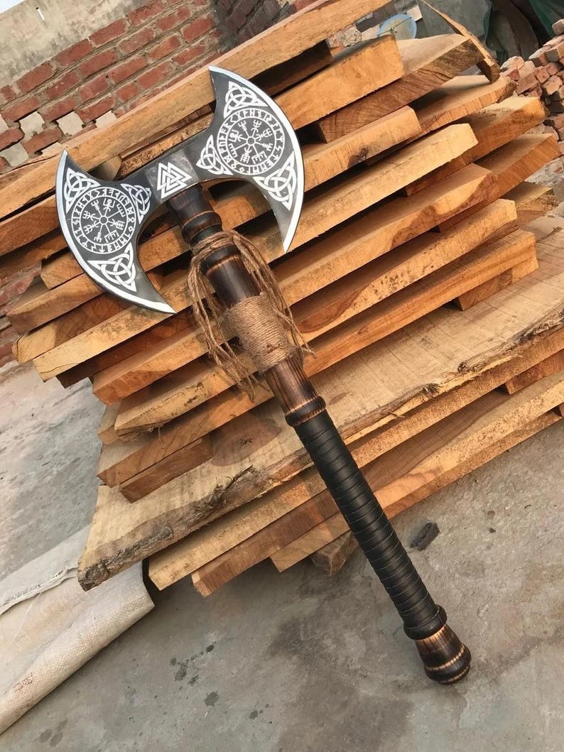 35” Handmade Carbon Steel Double-Bit Viking Axe with Wooden Shaft & Leather Cover