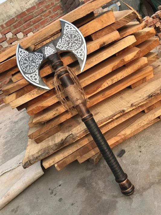 35” Handmade Carbon Steel Double-Bit Viking Axe with Wooden Shaft & Leather Cover