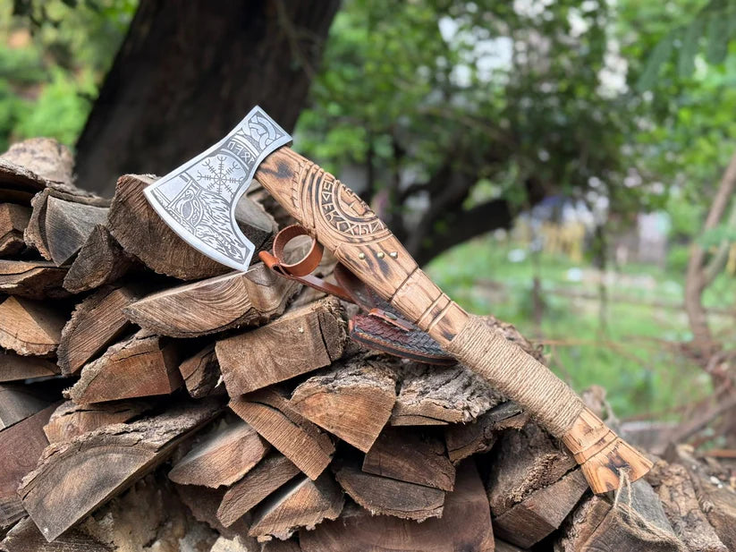 Hand-Forged Viking Warrior Axe with Engraved Blade & Carved Hardwood Handle – 22" Norse Axe with Leather Sheath