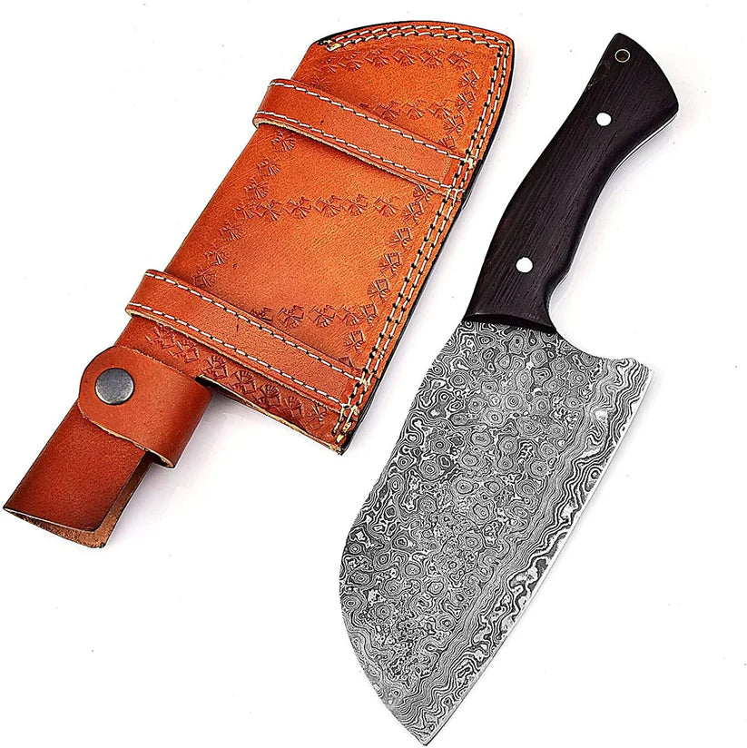 12" Handmade Damascus Serbian Cleaver Knife with Wenge Wood Handle & Cowhide Leather Sheath | Butcher & Chef Meat Cleaver
