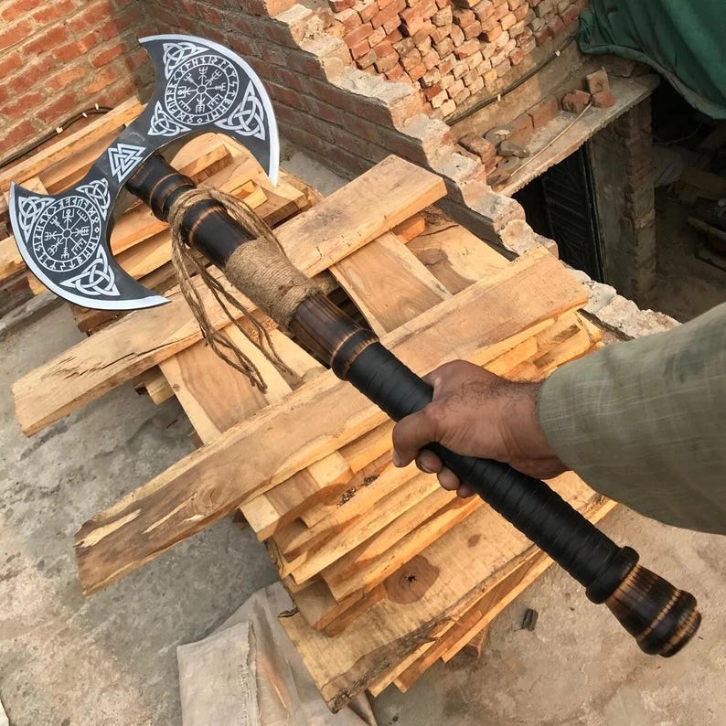 35” Handmade Carbon Steel Double-Bit Viking Axe with Wooden Shaft & Leather Cover