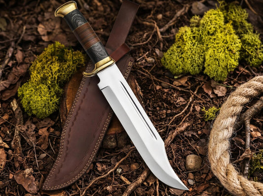 18" Handmade Crocodile Dundee Style Bowie Knife – D2 Steel Fixed Blade with Wooden Handle & Leather Sheath