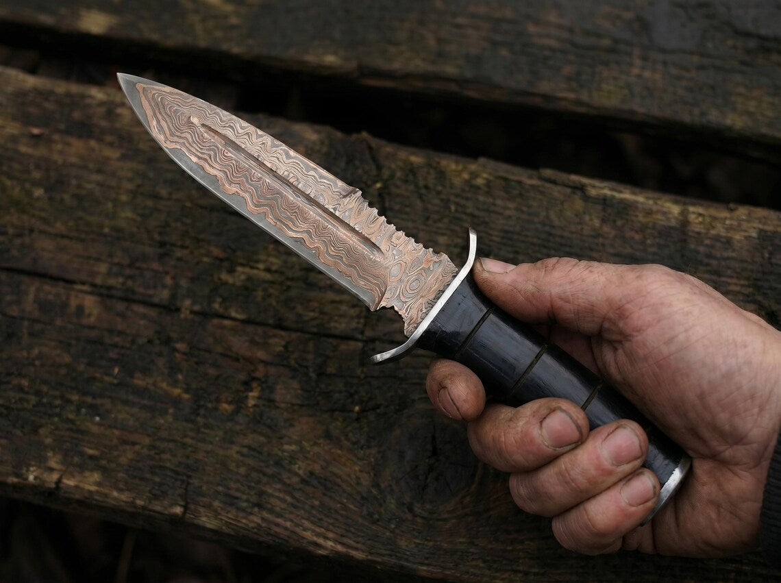 Hand Forged Copper Damascus Hunting Knife with Wooden Handle & Leather Sheath – Handmade Fixed Blade Outdoor Knife
