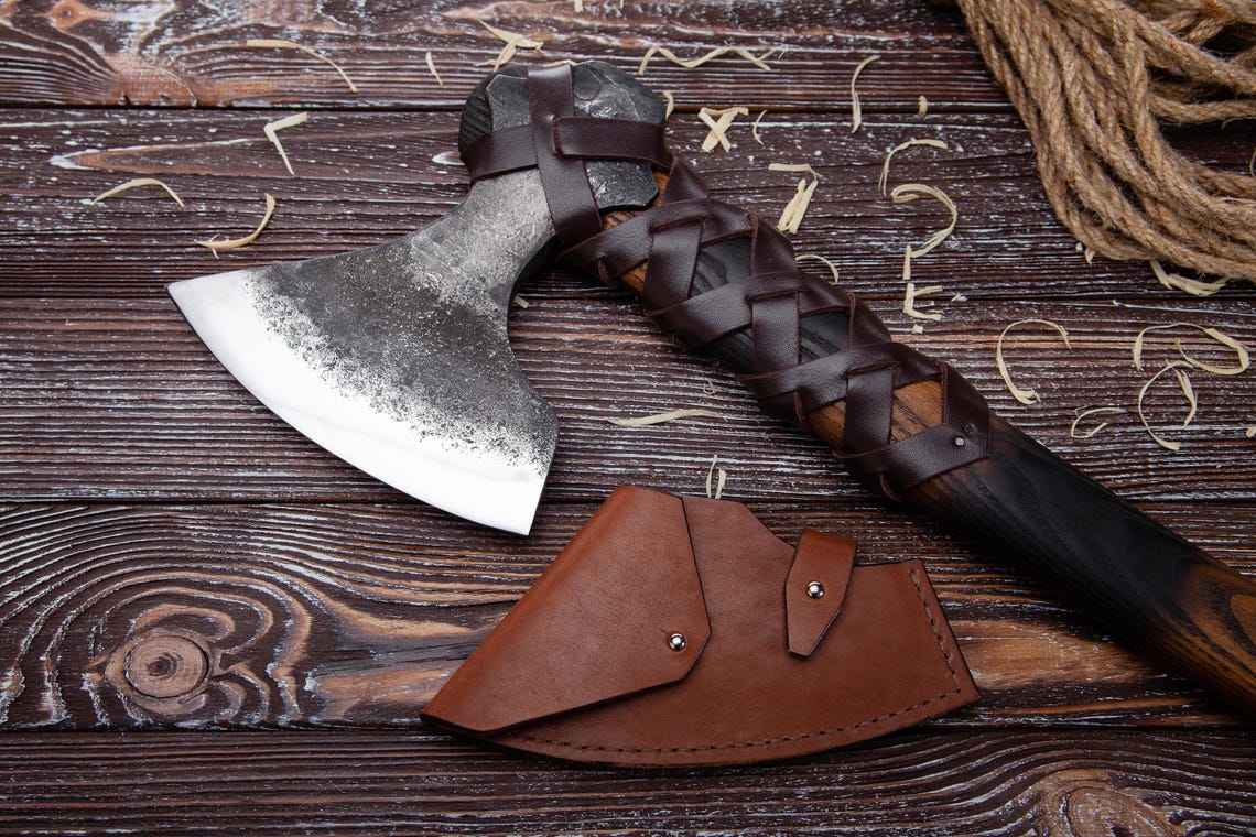 Hand Forged Viking Battle Axe – Carbon Steel Slavic Hatchet with Leather Wrapped Ash Handle