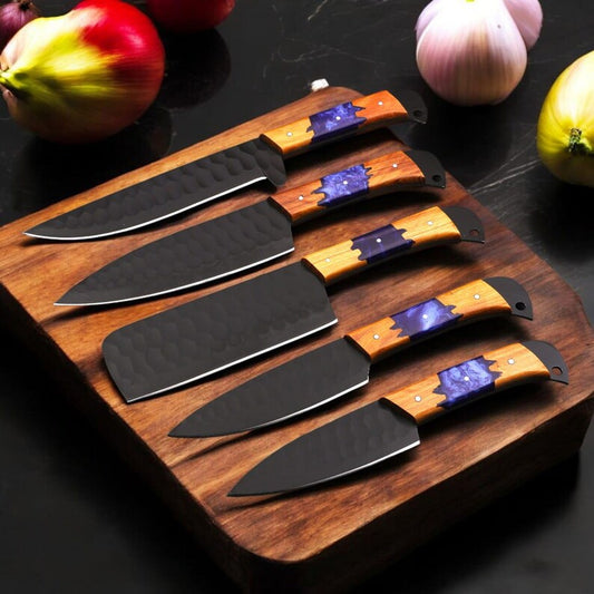 Hand Forged Damascus Chef Knife Set – 5pc Olive Wood & Epoxy Handle Professional Kitchen Knives