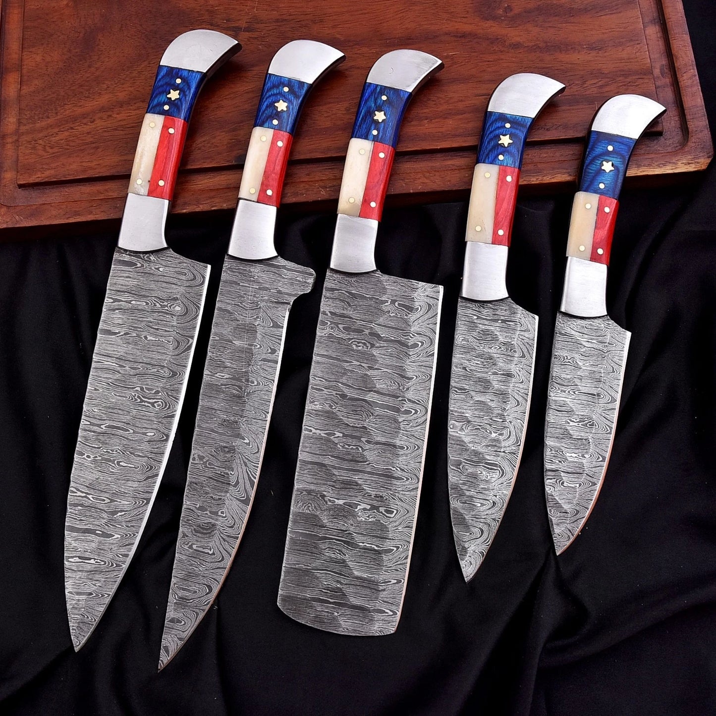 Handmade Damascus 5-Piece Chef Knife Set with Texas Flag Handle & Leather Roll | Knives Zone