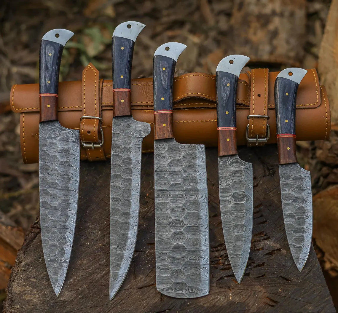 Hand Forged Damascus Steel Chef Knife Set – 5-Piece Kitchen Knives with Rosewood & Pakka Wood Handles | Knives Zone
