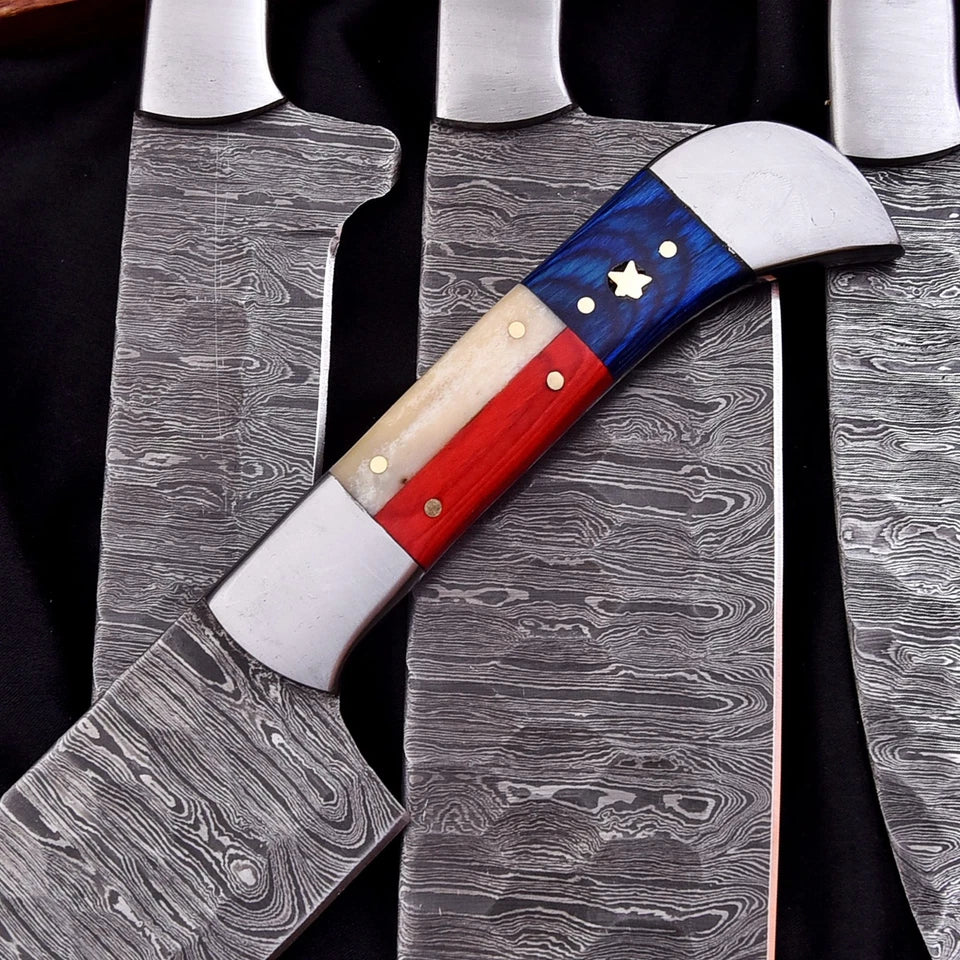 Handmade Damascus 5-Piece Chef Knife Set with Texas Flag Handle & Leather Roll | Knives Zone