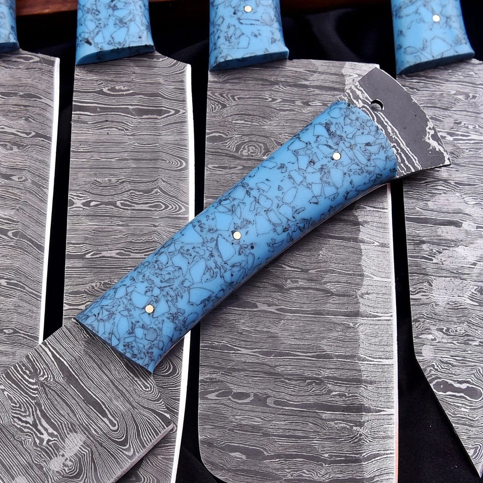 Custom Handmade Damascus Steel Chef Knife Set – 8-Piece Professional Kitchen Knives with Turquoise Resin Handles | Knives Zone