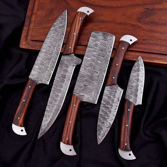 Handmade Damascus 5-Piece Chef Knife Set with Wooden Handles & Leather Roll | Knives Zone