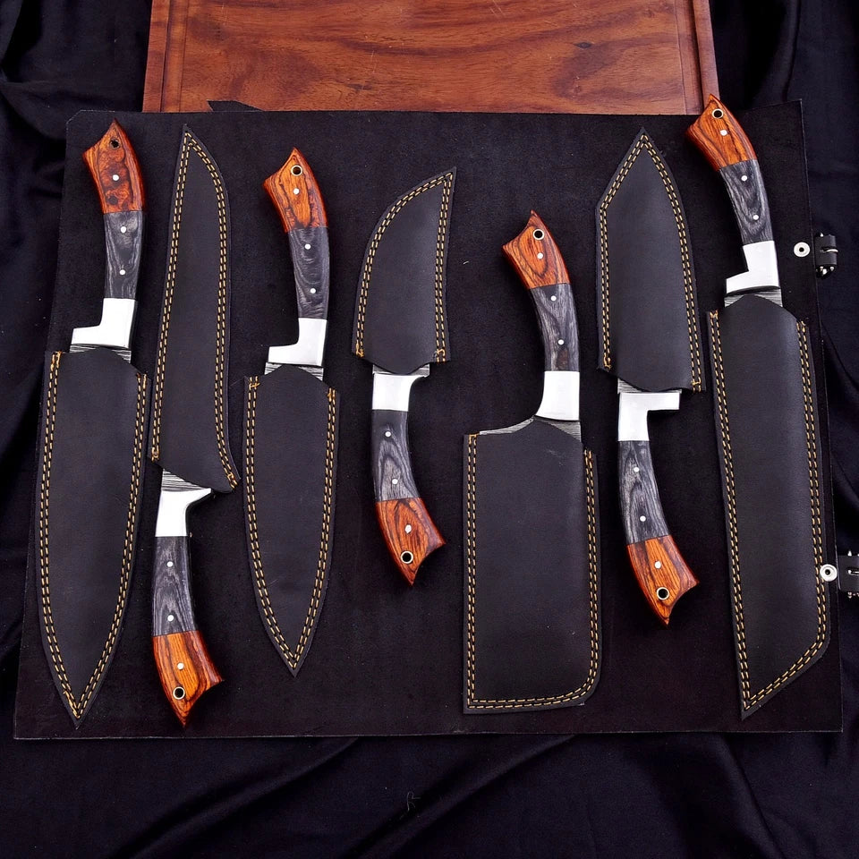 Custom Handmade Damascus Steel Chef Knife Set – 7-Piece Professional Kitchen Knives with Wood Handles & Leather Bag | Knives Zone