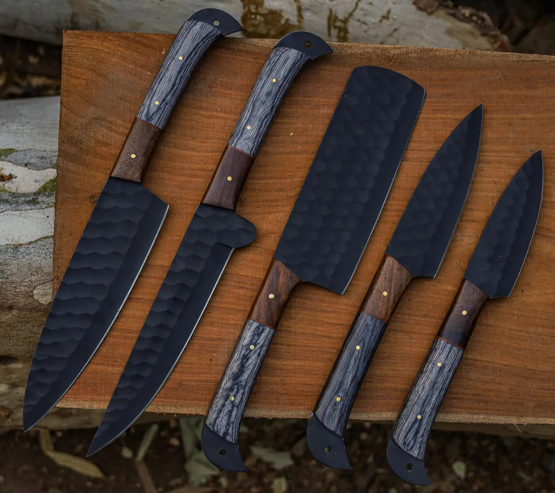 Hand Forged J2 Stainless Steel Chef Knife Set – 5-Piece Black Powder Coated Kitchen Knives with Leather Roll | Knives Zone