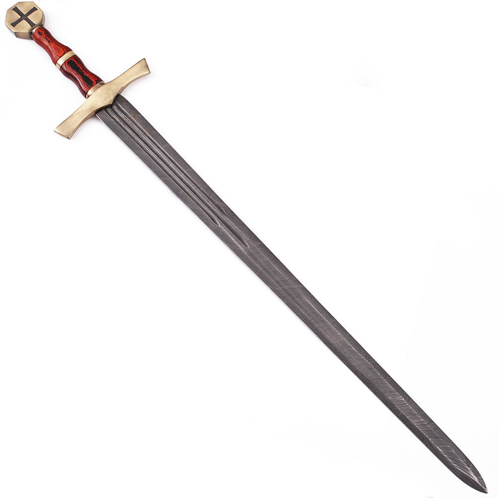 Descendent of the Holy Knights Damascus Steel Templar Knight Sword with Leather Sheath