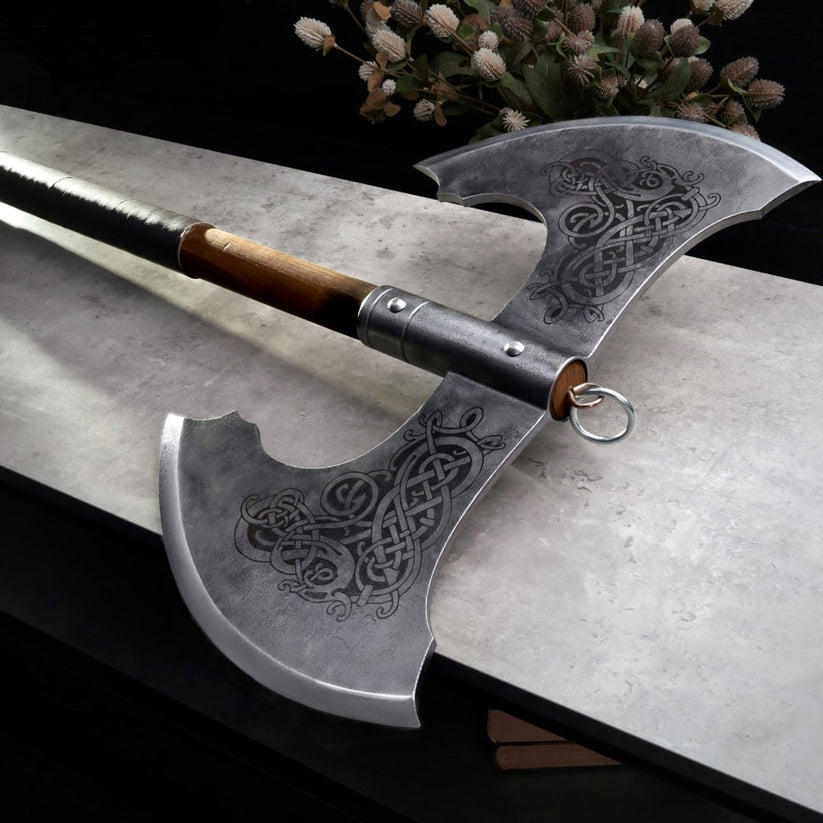 Handcrafted Jotungard Viking War Axe – Double-Blade Norse Axe with Ash Wood Shaft