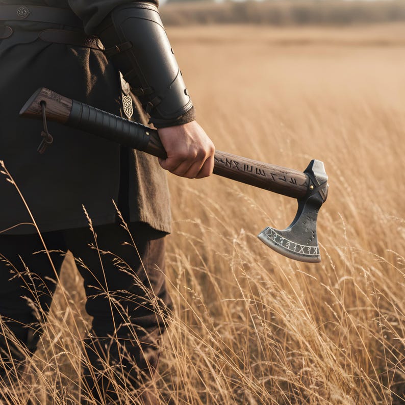 Norse Warrior Bearded Axe – Handmade Carbon Steel Viking Hatchet with Rune-Carved Wood Handle