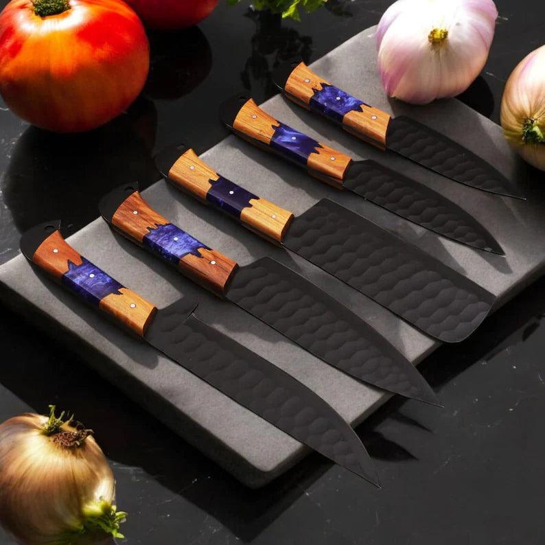 Hand Forged Damascus Chef Knife Set – 5pc Olive Wood & Epoxy Handle Professional Kitchen Knives