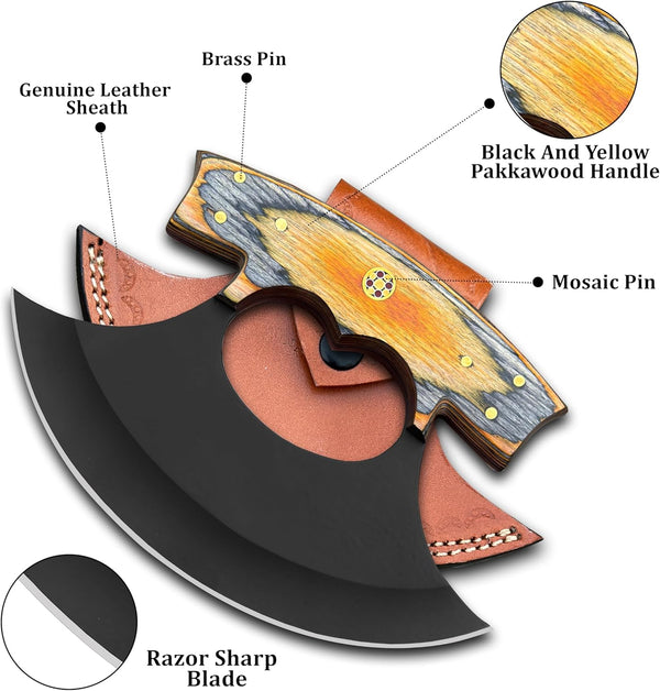 Handmade ULU Pizza Cutter Knife – Razor Sharp Rocker Blade with Pakkawood Handle & Leather Sheath