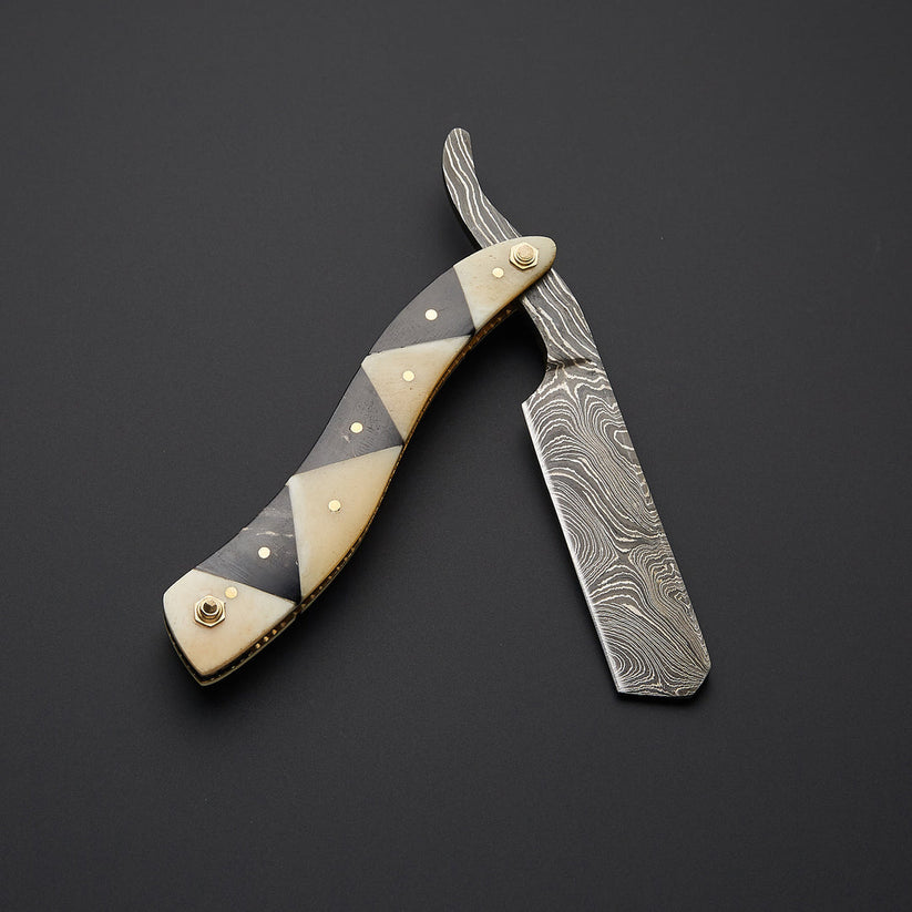Custom Handmade Damascus Steel Straight Razor with Leather Sheath | Geometric Bone Handle Barber Razor