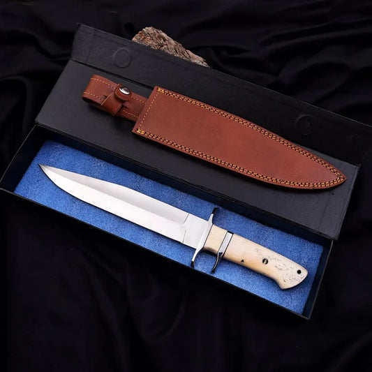 15.5” Handmade D2 Steel Bowie Knife with Camel Bone Handle & Leather Sheath – Full Tang Hunting Knife
