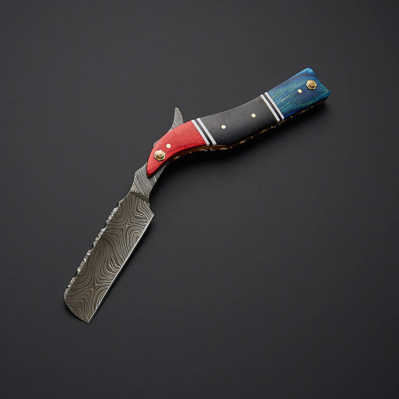 Custom Handmade Damascus Steel Straight Razor with Bone & Wood Handle + Leather Sheath